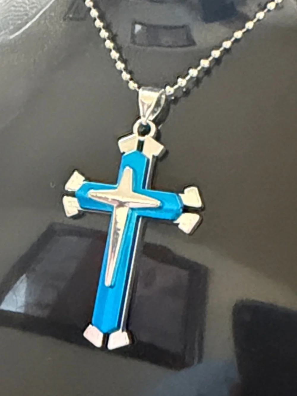 NWT Men’s Stainless Steel Multilayer Cross Pendant Necklace Blue Silver
